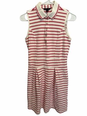 Tommy Hilfiger White and Pink Striped Sleeveless Midi Polo Dress. Size Small